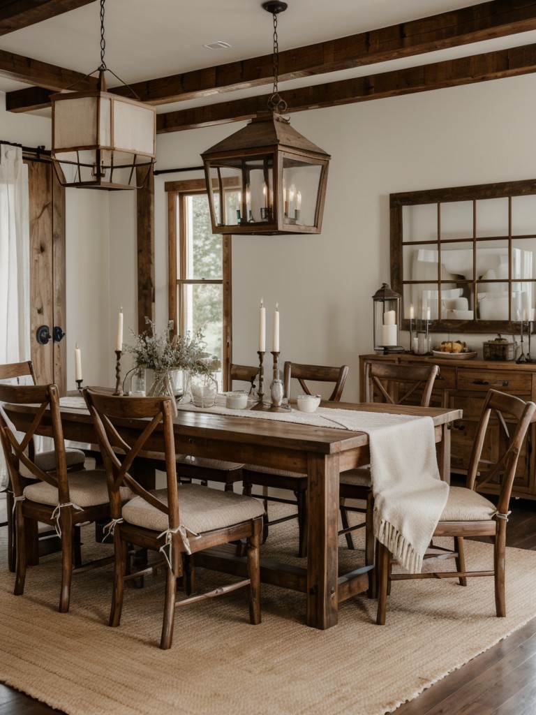 rustic-dining-room-ideas-farmhouse-charm-wooden-furniture-cozy-accessories-like-woolen-throws-lanterns