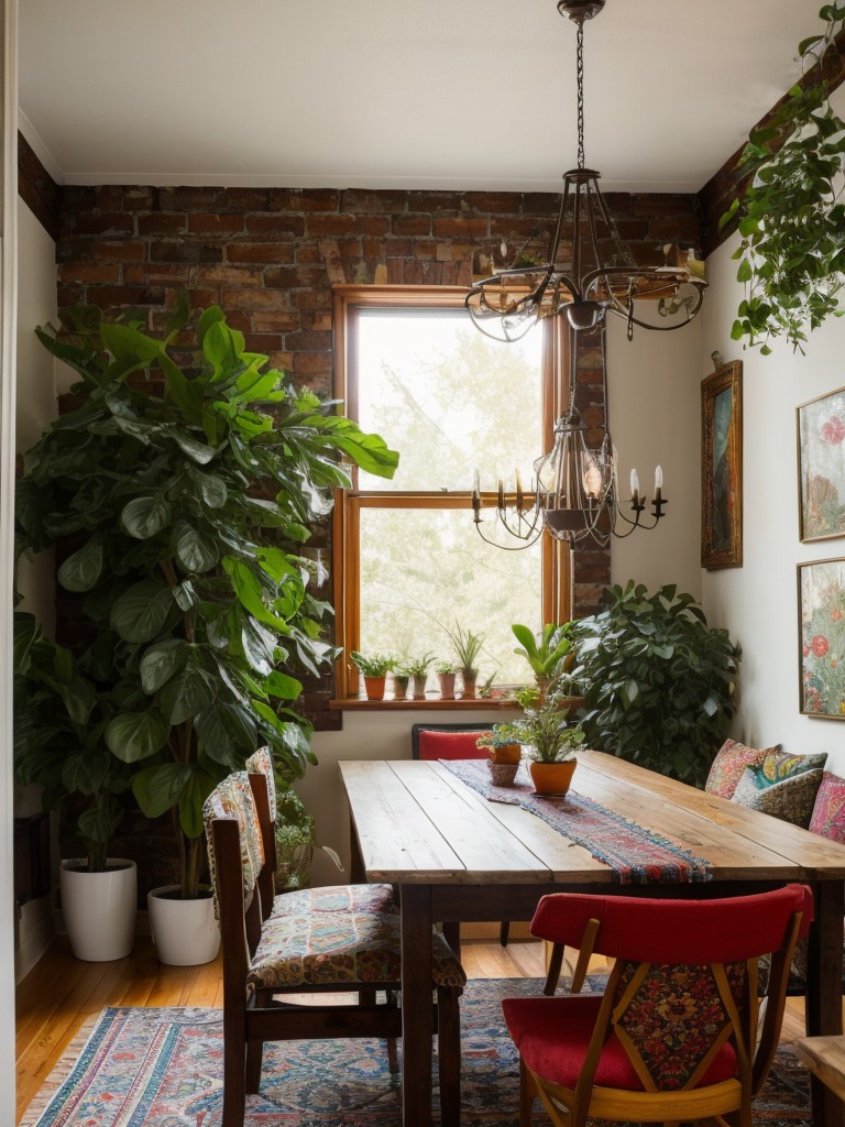 bohemian-dining-room-ideas-eclectic-patterns-vibrant-colors-abundance-plants-free-spirited-cozy-atmosphere