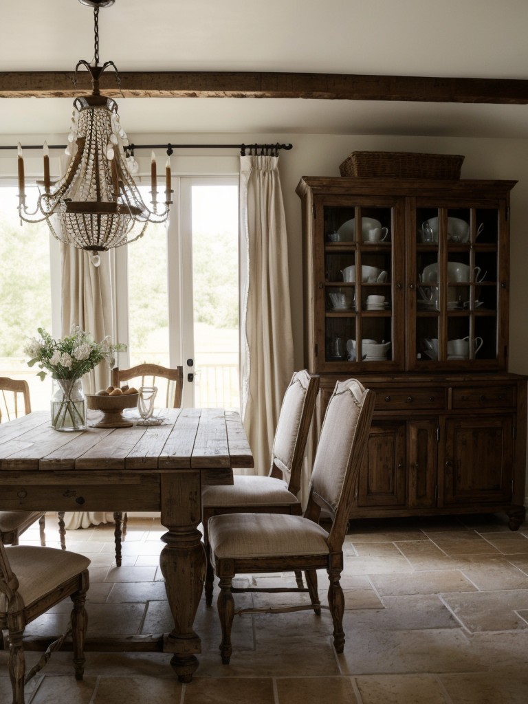 french-country-dining-room-ideas-mix-rustic-elegant-elements-incorporating-distressed-furniture-delicate-fabrics