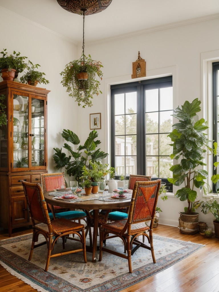 bohemian-dining-room-ideas-eclectic-mix-match-furniture-vibrant-colors-plenty-plants-free-spirited-atmosphere