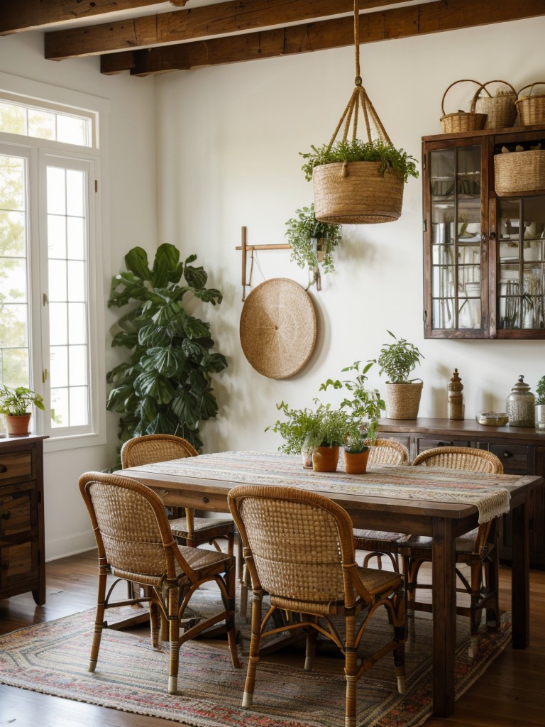 bohemian-dining-room-ideas-eclectic-furniture-vibrant-textiles-natural-elements-like-plants-woven-baskets-relaxed-artistic-atmosphere