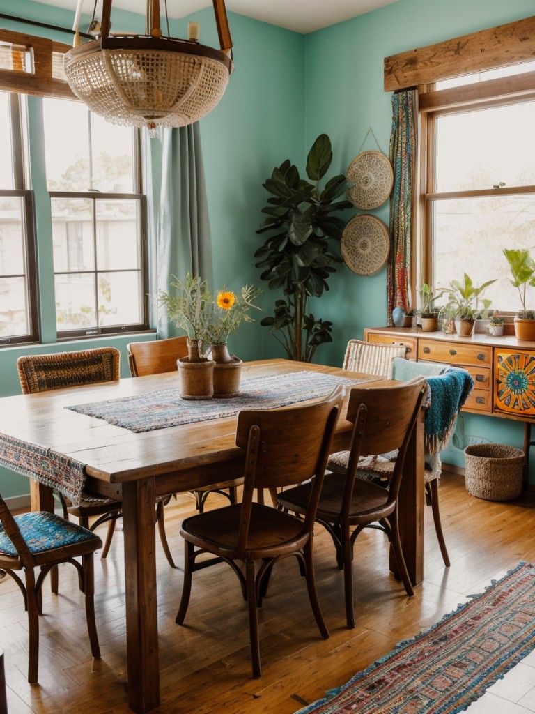 bohemian-dining-room-ideas-embracing-free-spirited-eclectic-vibe-vibrant-patterns-global-inspired-decor-mix-vintage-handmade-furniture-laid-back-artis