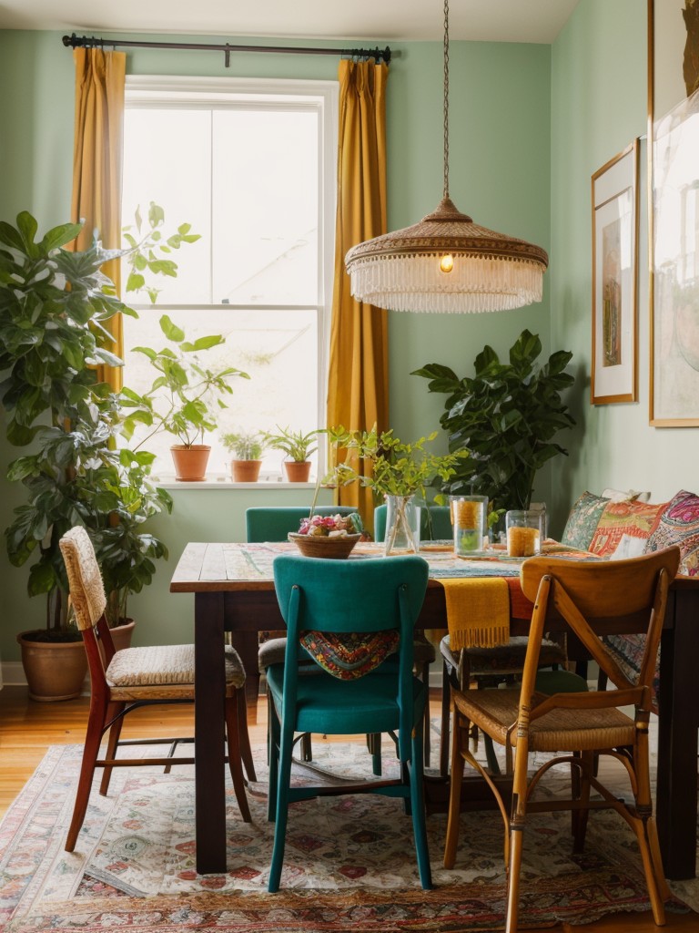 bohemian-dining-room-ideas-eclectic-furniture-vibrant-colors-plenty-plants