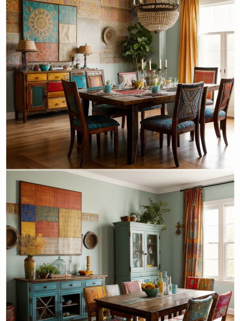 bohemian-dining-room-ideas-eclectic-mix-patterns-colorful-textiles-mismatched-furniture-pieces-vibrant-artistic-look