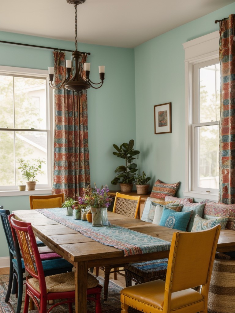 bohemian-dining-room-ideas-colorful-textiles-mismatched-furniture-relaxed-free-spirited-vibe