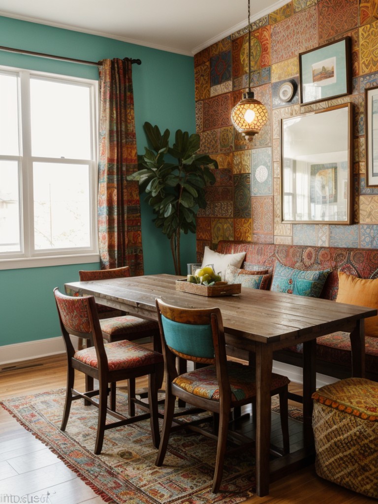 bohemian-eclectic-dining-room-ideas-vibrant-colors-mixed-patterns-variety-textures