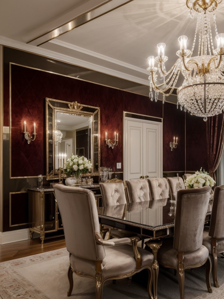 glamorous-dining-room-ideas-metallic-accents-velvet-upholstery-crystal-chandeliers-touch-luxury
