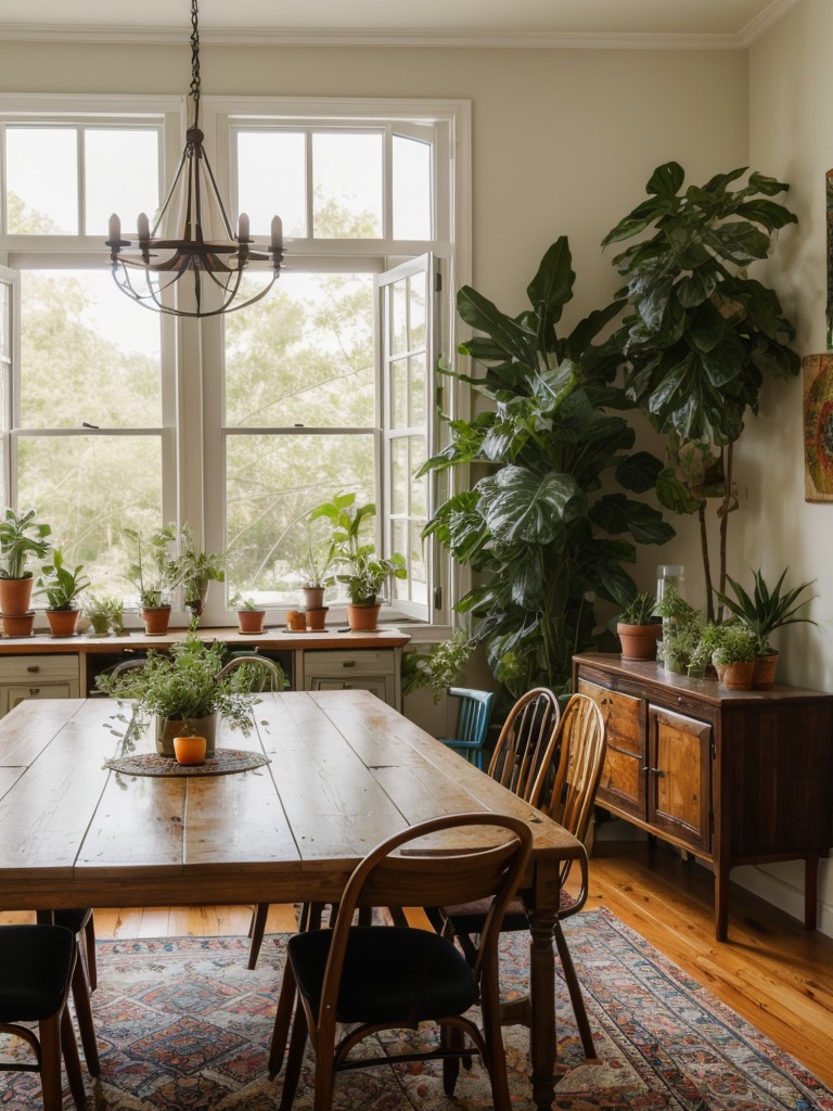 bohemian-dining-room-ideas-colorful-textiles-eclectic-furniture-abundance-plants