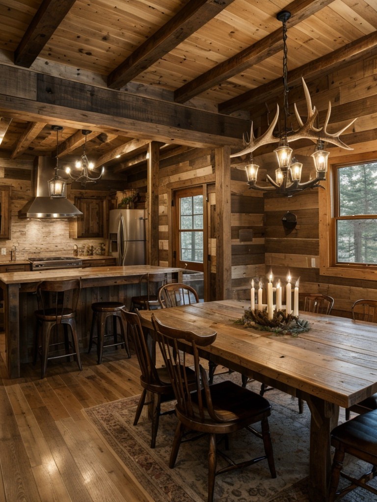 rustic-dining-room-ideas-reclaimed-wood-furniture-antler-chandeliers-cozy-cabin-vibes