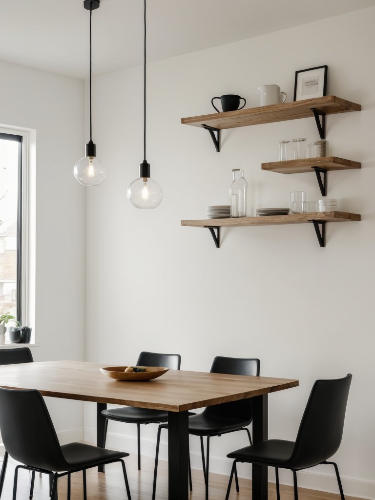 minimalist-dining-room-ideas-simple-furniture-monochromatic-color-scheme-utilizing-sleek-pendant-lighting-wall-mounted-shelves-storage