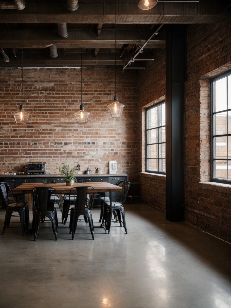 industrial-dining-room-ideas-raw-edgy-aesthetic-incorporating-exposed-brick-walls-metal-accents-vintage-inspired-lighting