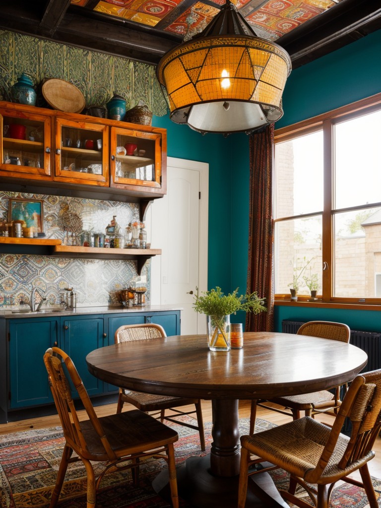 bohemian-dining-room-ideas-mix-vibrant-colors-patterns-textures-incorporating-eclectic-furniture-eclectic-artwork