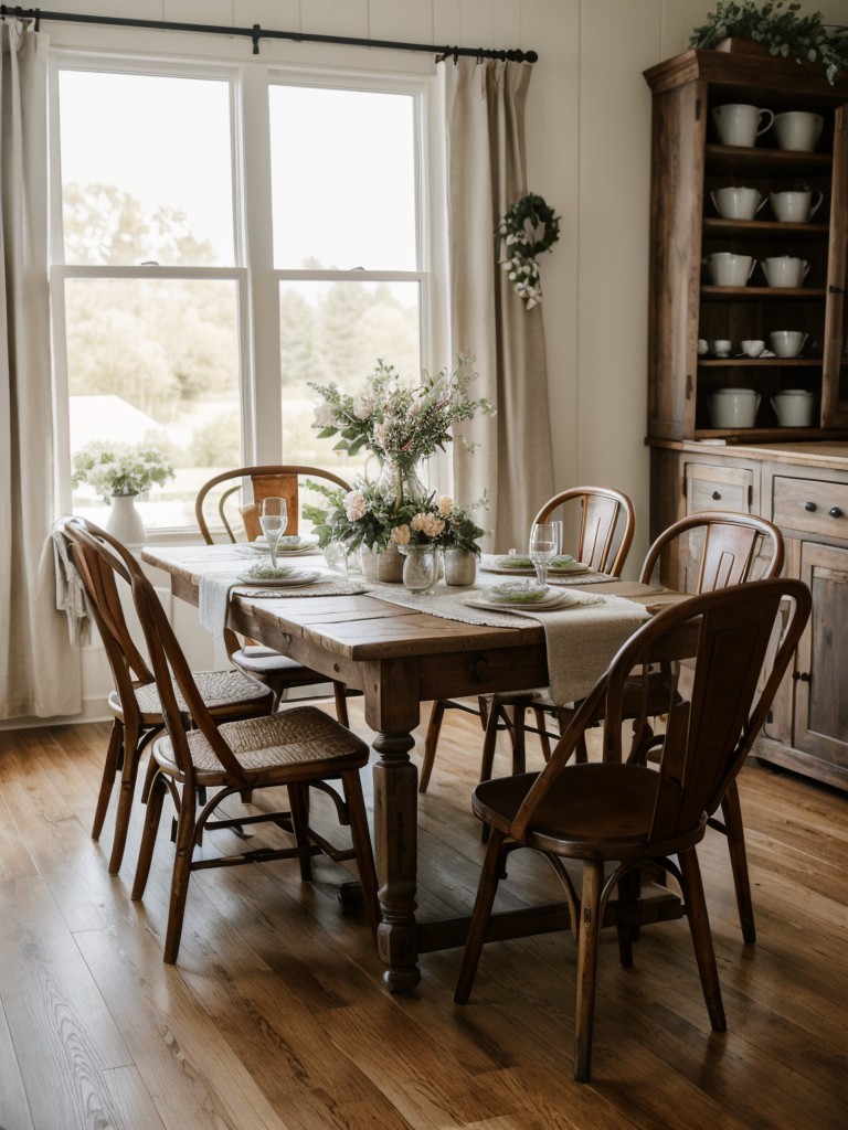 cozy-farmhouse-dining-room-ideas-rustic-wooden-tables-chairs-adorned-charming-floral-centerpieces-vintage-inspired-accessories