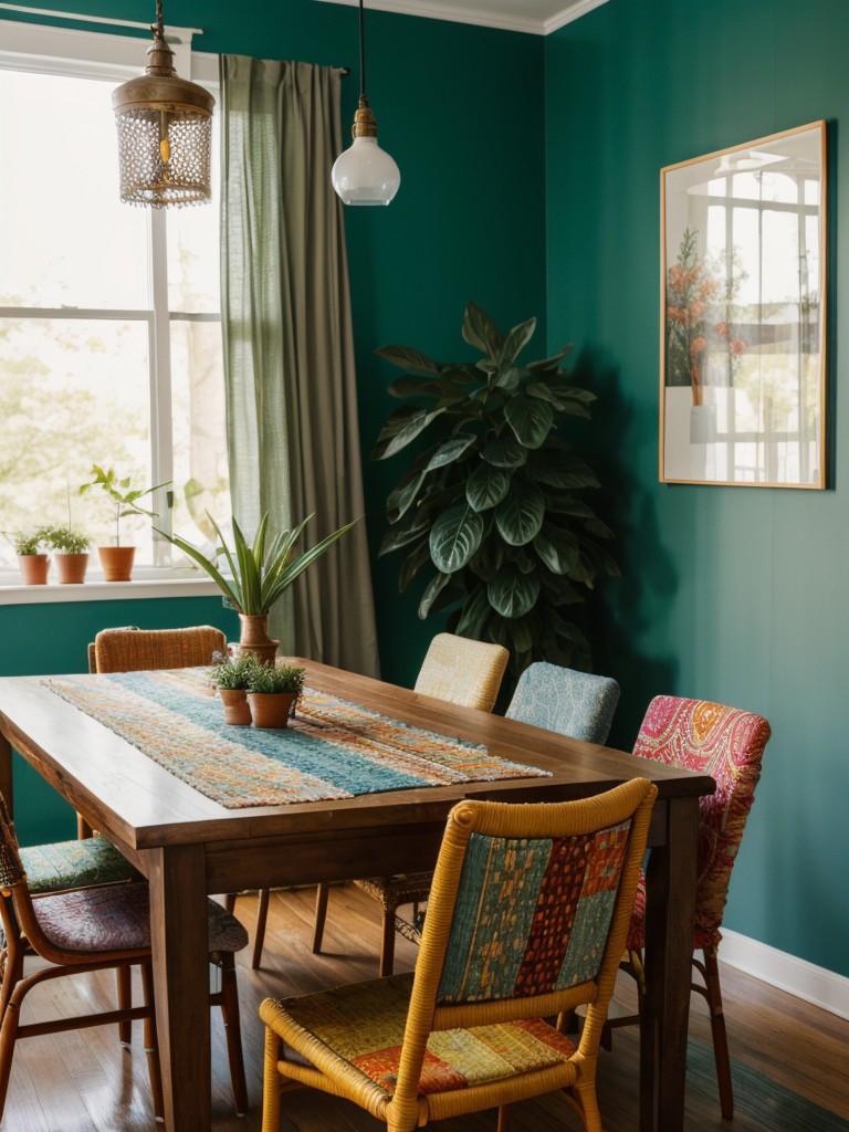 bohemian-dining-room-ideas-vibrant-colors-eclectic-patterns-lots-plants-textured-fabrics