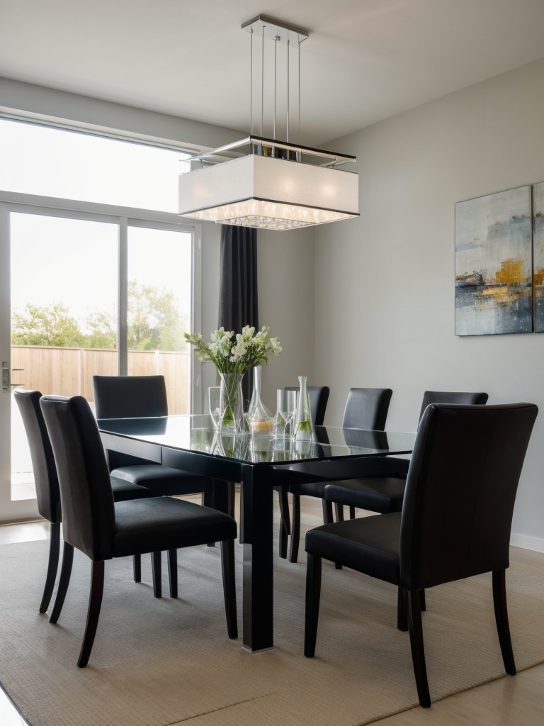 contemporary-dining-room-ideas-sleek-sophisticated-look-using-glass-acrylic-furniture-statement-lighting-abstract-art