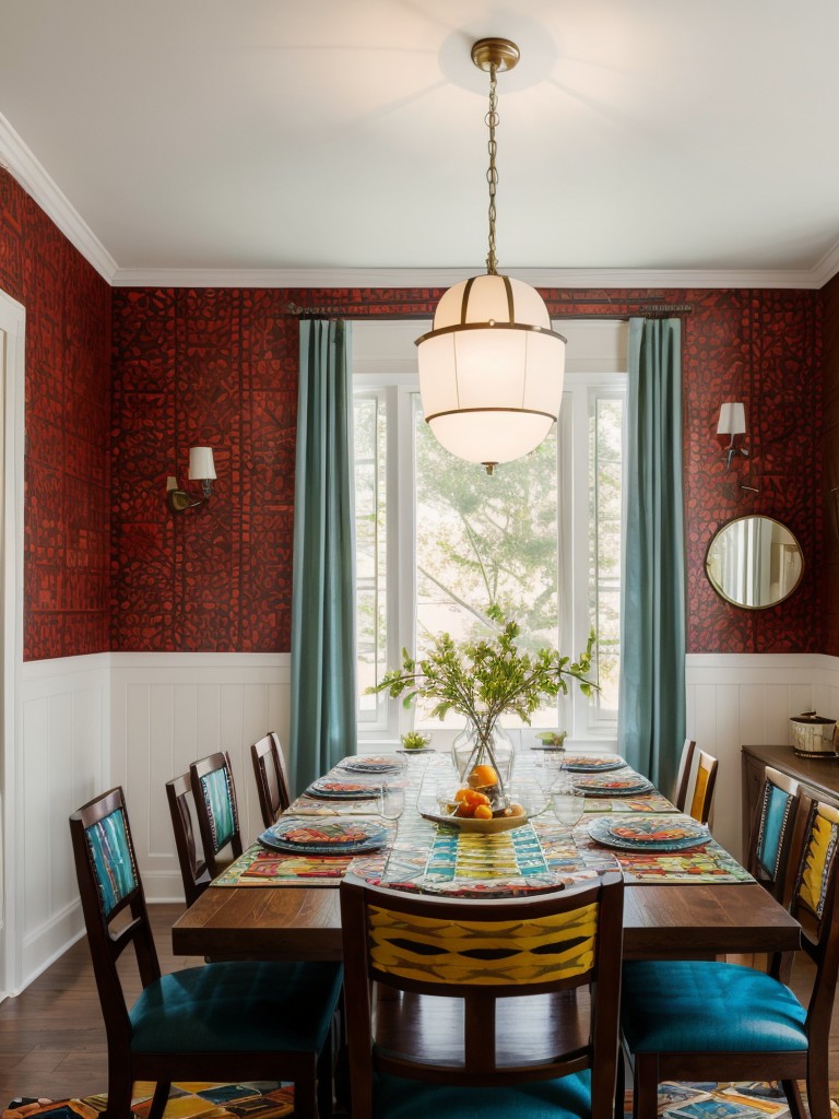 eclectic-dining-room-ideas-mix-different-styles-patterns-using-bold-colors-patterned-textiles-unique-light-fixtures