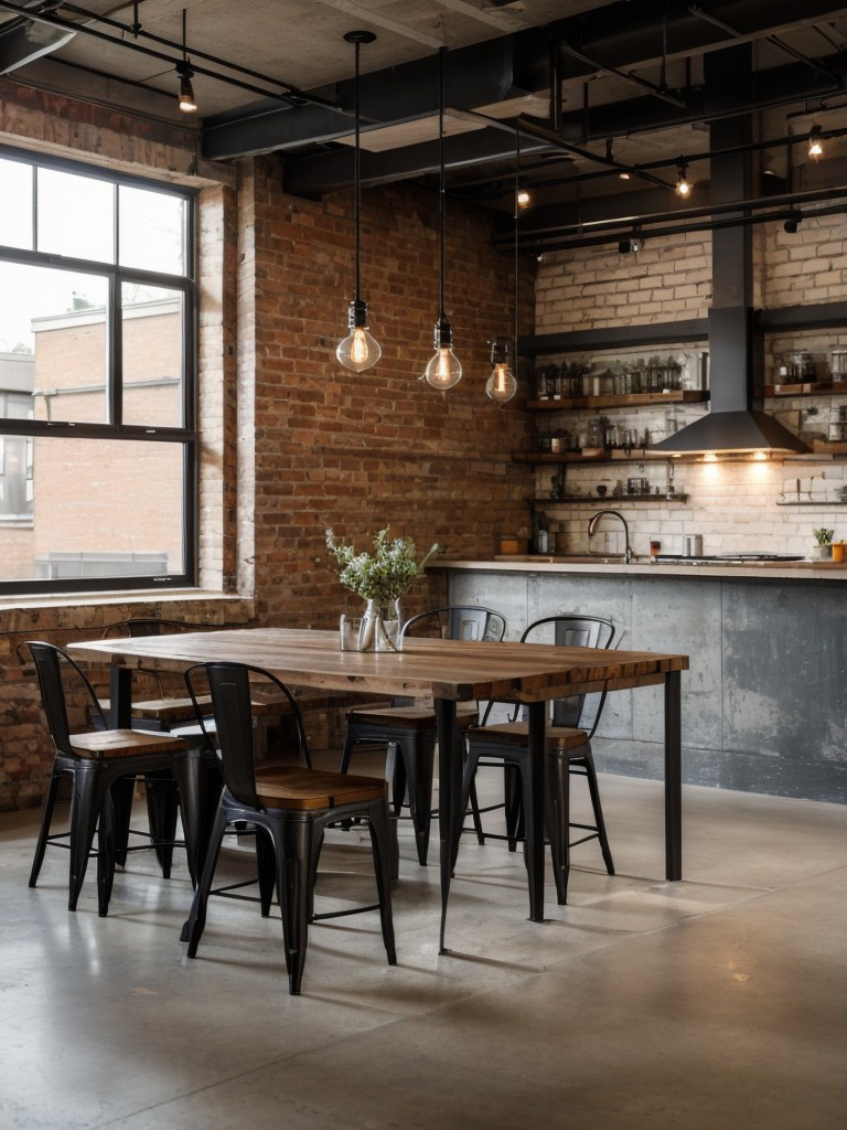 industrial-dining-room-ideas-urban-edgy-design-using-exposed-brick-walls-metal-furniture-pendant-lights-edison-bulbs