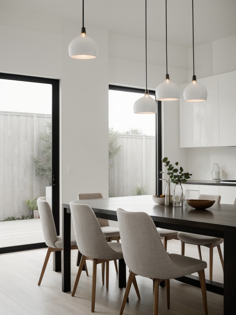 minimalist-dining-room-ideas-monochromatic-color-palette-sleek-furniture-using-clean-lines-pendant-lighting-simple-tableware