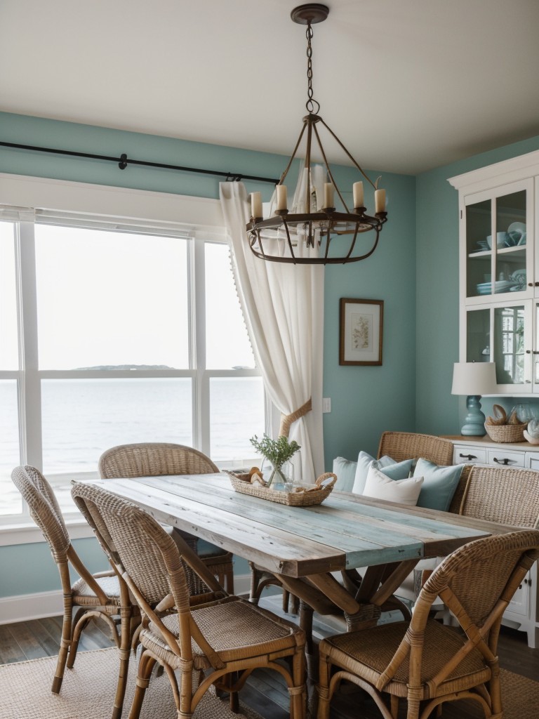 coastal-dining-room-ideas-beach-inspired-color-palette-nautical-accents-using-seashells-driftwood-wicker-furniture