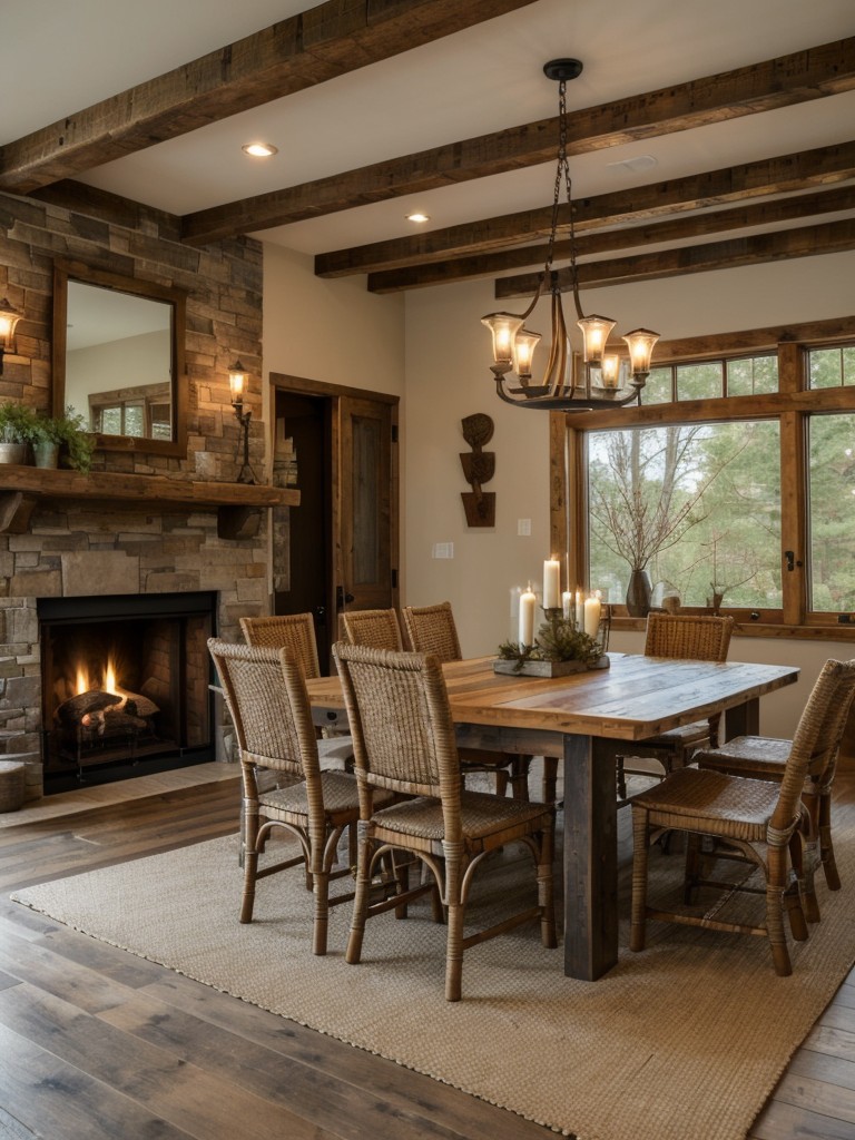 rustic-dining-room-design-ideas-reclaimed-wood-furniture-natural-materials-like-stone-woven-baskets-cozy-accents-such-fireplace-candlesticks