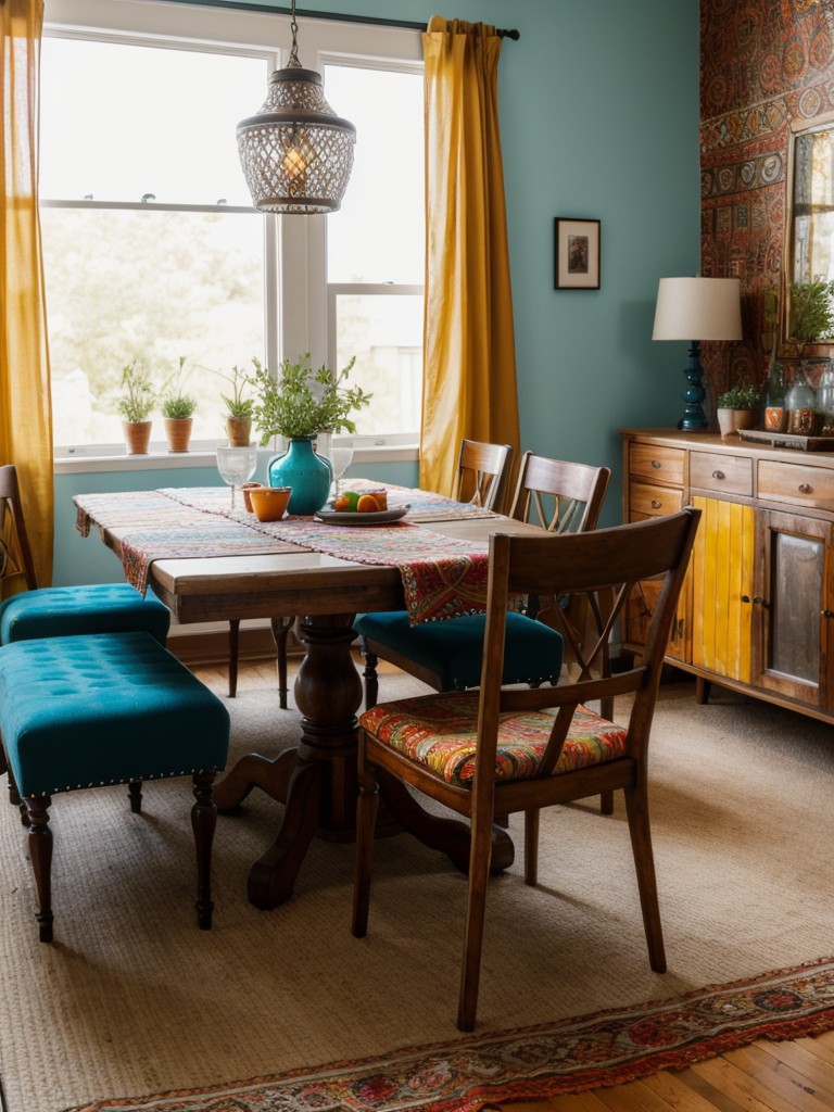 bohemian-dining-room-ideas-eclectic-furniture-vibrant-textiles-mix-patterns