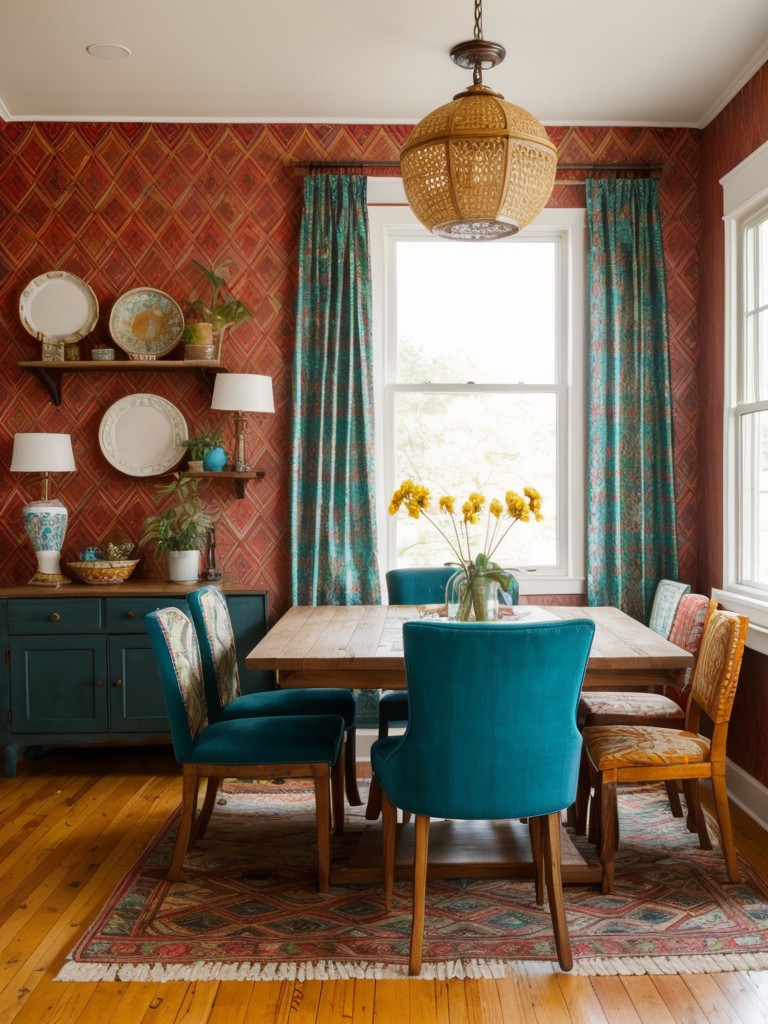 bohemian-dining-room-ideas-eclectic-mix-patterns-bright-colors-cozy-floor-pillows