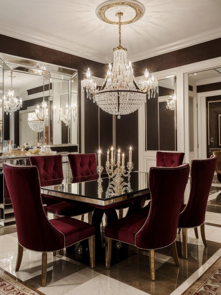 glamorous-dining-room-ideas-crystal-chandeliers-mirrored-furniture-luxurious-velvet-seating