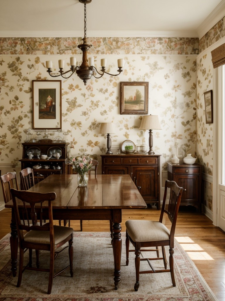 vintage-dining-room-ideas-nostalgic-charm-incorporating-antique-furniture-retro-accessories-vintage-inspired-wallpaper-cozy-romantic-atmosphere