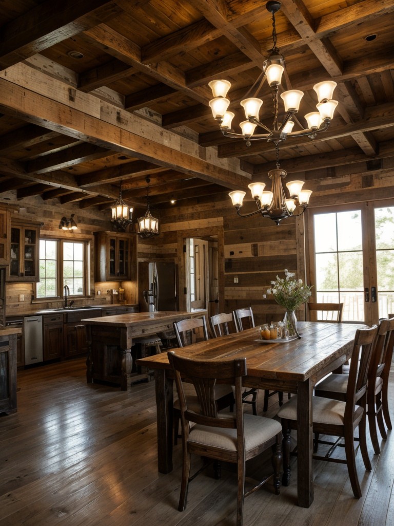 incorporating-reclaimed-wood-furniture-antique-chandeliers-rustic-farmhouse-tables