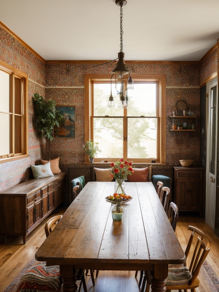 bohemian-dining-room-ideas-vibrant-patterns-mismatched-furniture-touch-vintage-charm