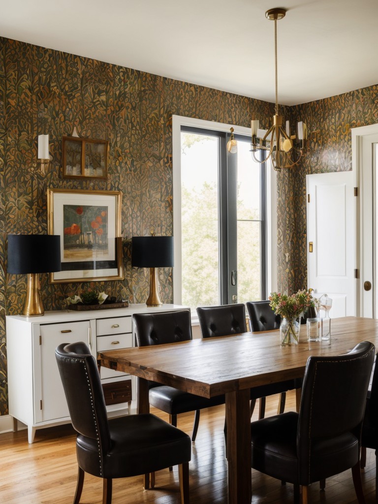 eclectic-dining-room-ideas-mix-different-styles-bold-wallpaper-statement-lighting