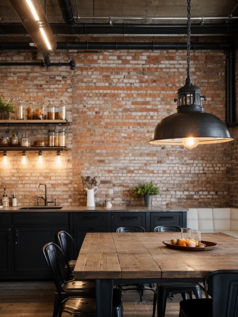 industrial-dining-room-ideas-metal-lighting-fixtures-exposed-brick-walls-salvaged-furniture-pieces
