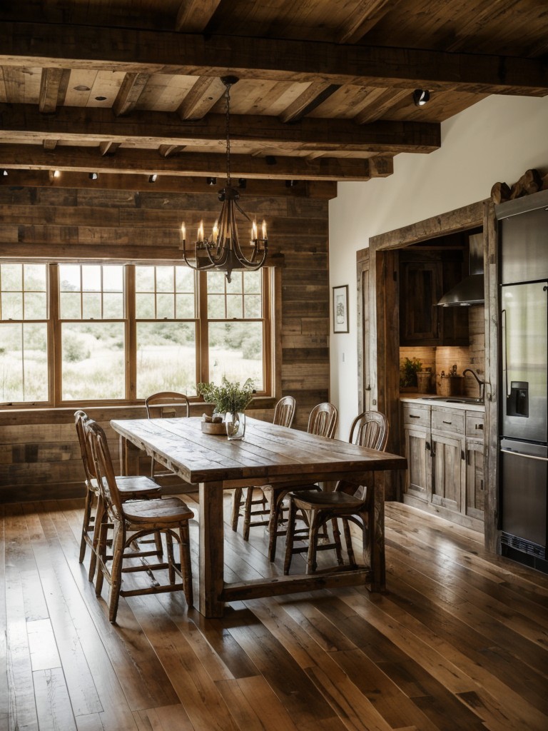 rustic-farmhouse-dining-room-ideas-distressed-wood-furniture-exposed-beams-cozy-linens