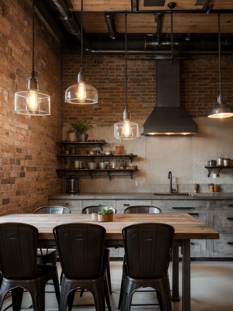 industrial-dining-room-ideas-utilitarian-aesthetic-incorporating-raw-materials-like-metal-concrete-featuring-exposed-brick-walls-pendant-lighting