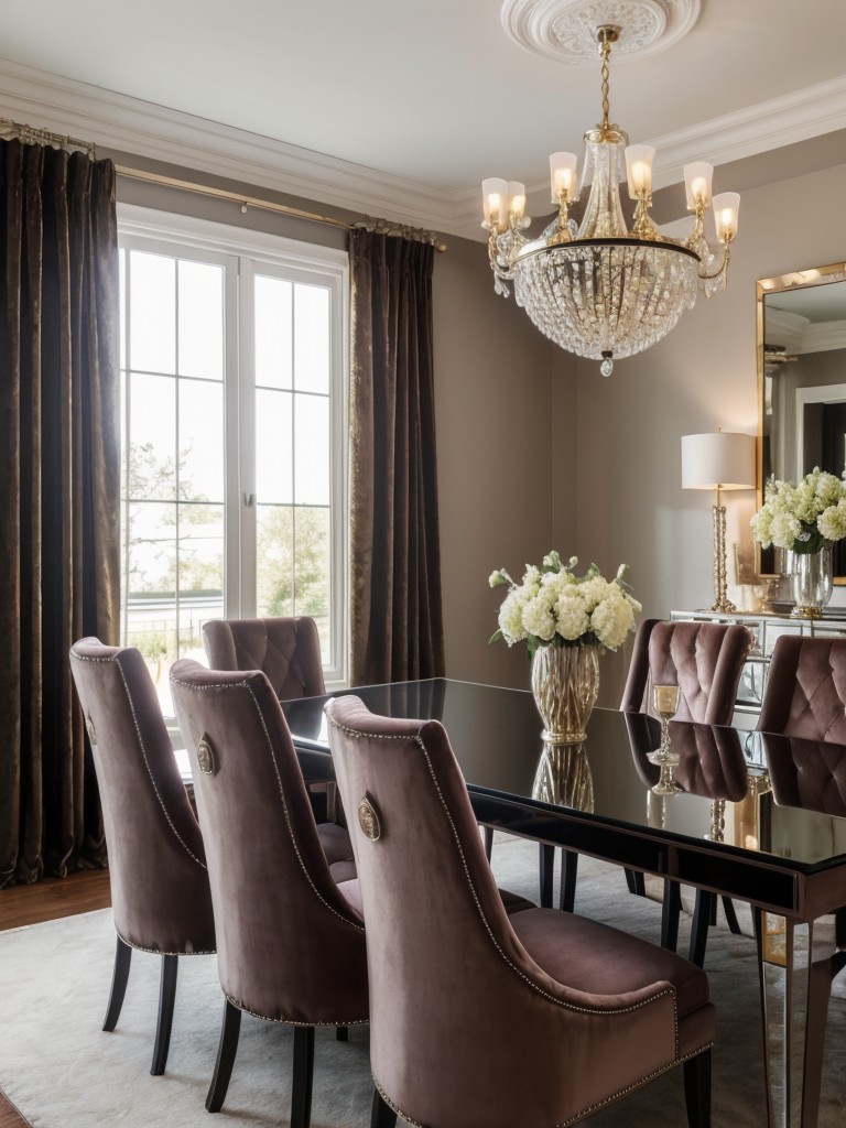 glamorous-dining-room-ideas-luxurious-velvet-seating-sparkling-chandeliers-mirrored-accents