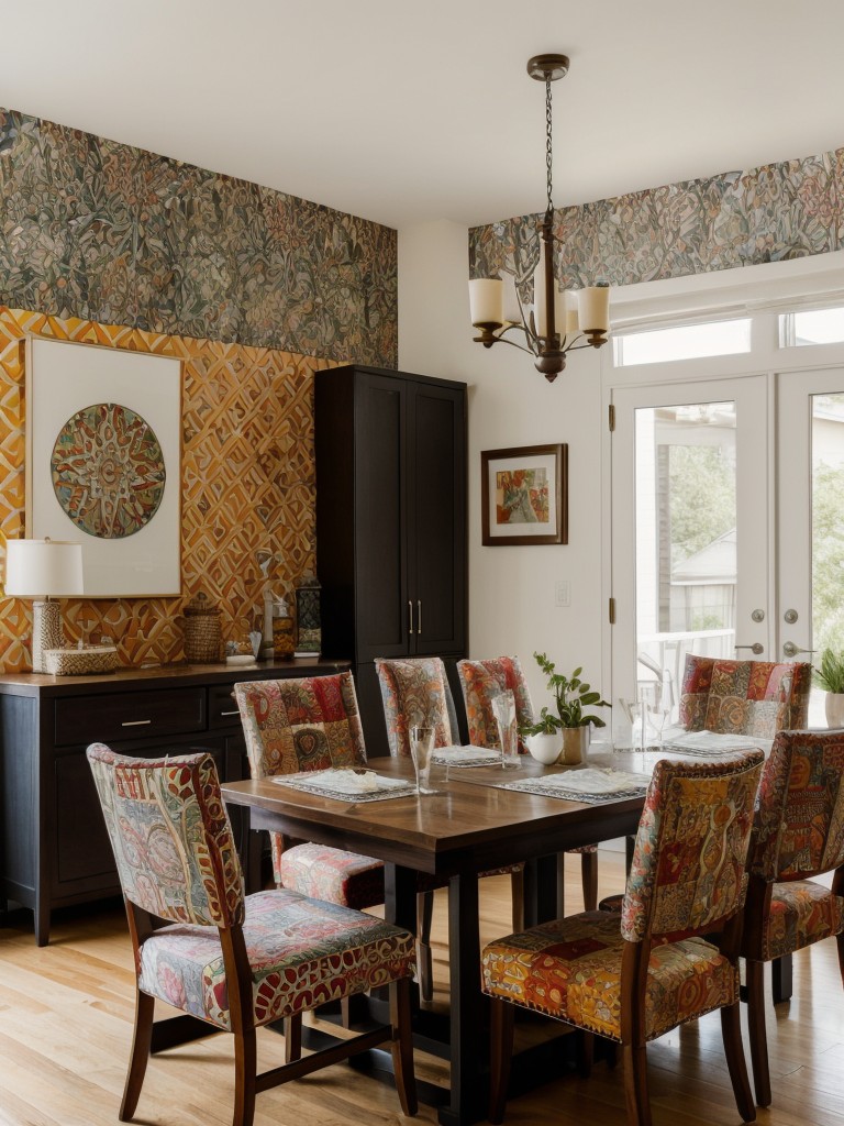 eclectic-dining-room-ideas-mix-different-styles-patterns-using-mismatched-chairs-vibrant-artwork-statement-wallpaper