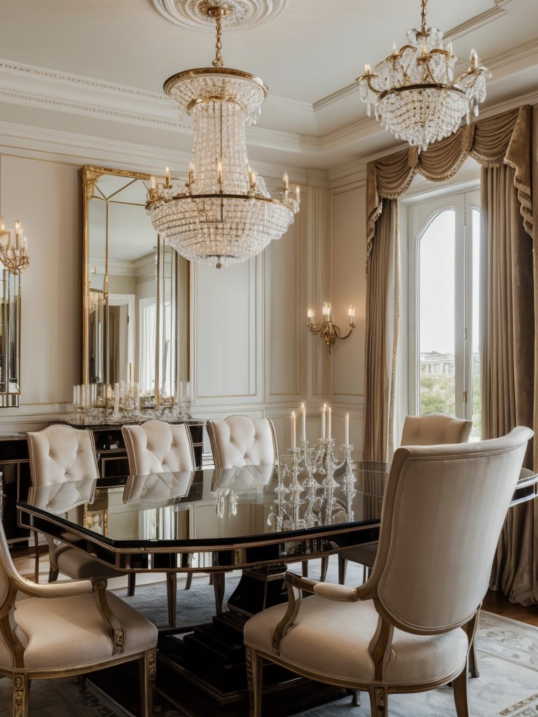 elegant-luxurious-dining-room-ideas-touch-glamour-using-crystal-chandelier-velvet-dining-chairs-mirrored-accents