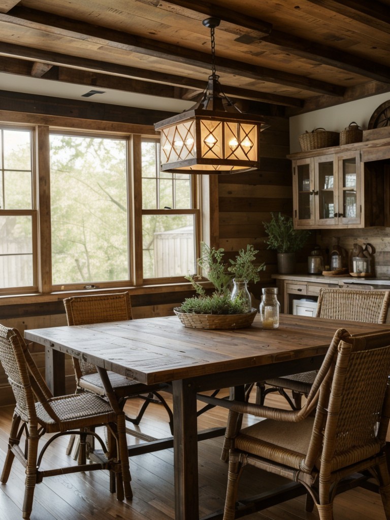 rustic-chic-dining-room-ideas-distressed-wood-dining-table-vintage-inspired-lighting-fixtures-natural-elements-like-plants-woven-baskets