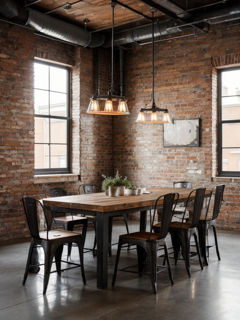 industrial-dining-room-ideas-trendy-edgy-look-exposed-brick-walls-metal-accents-distressed-furniture