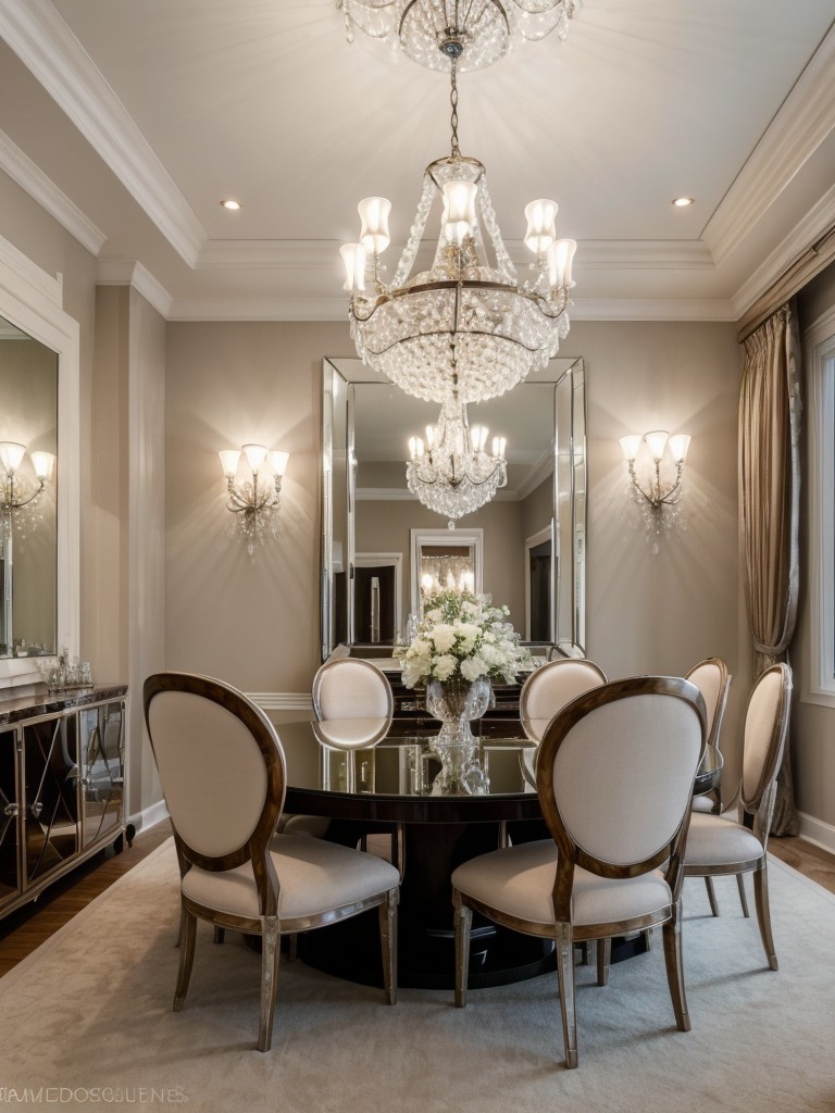 glamorous-dining-room-crystal-chandeliers-mirrored-accents-plush-seating-luxurious-glamorous-feel