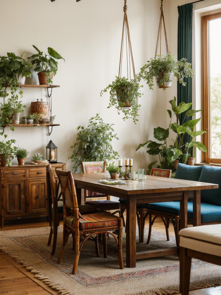 bohemian-chic-dining-room-ideas-colorful-textiles-hanging-plants-low-seating-options-relaxed-eclectic-atmosphere