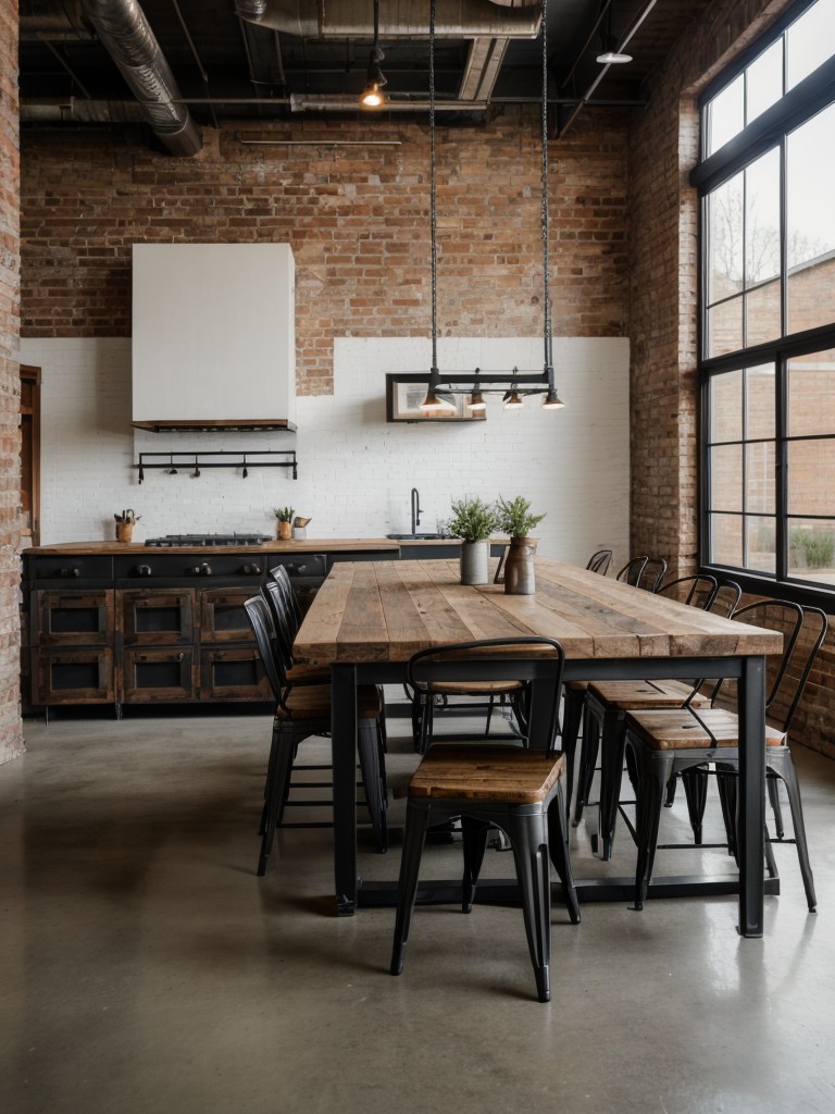 industrial-dining-room-ideas-raw-edgy-look-using-exposed-brick-walls-metal-chairs-reclaimed-wood-furnishings