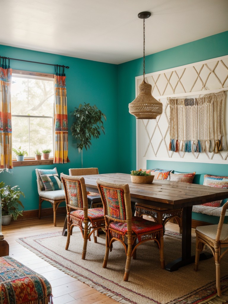bohemian-dining-room-ideas-relaxed-eclectic-style-using-vibrant-textiles-macrame-decor-mix-seating-options