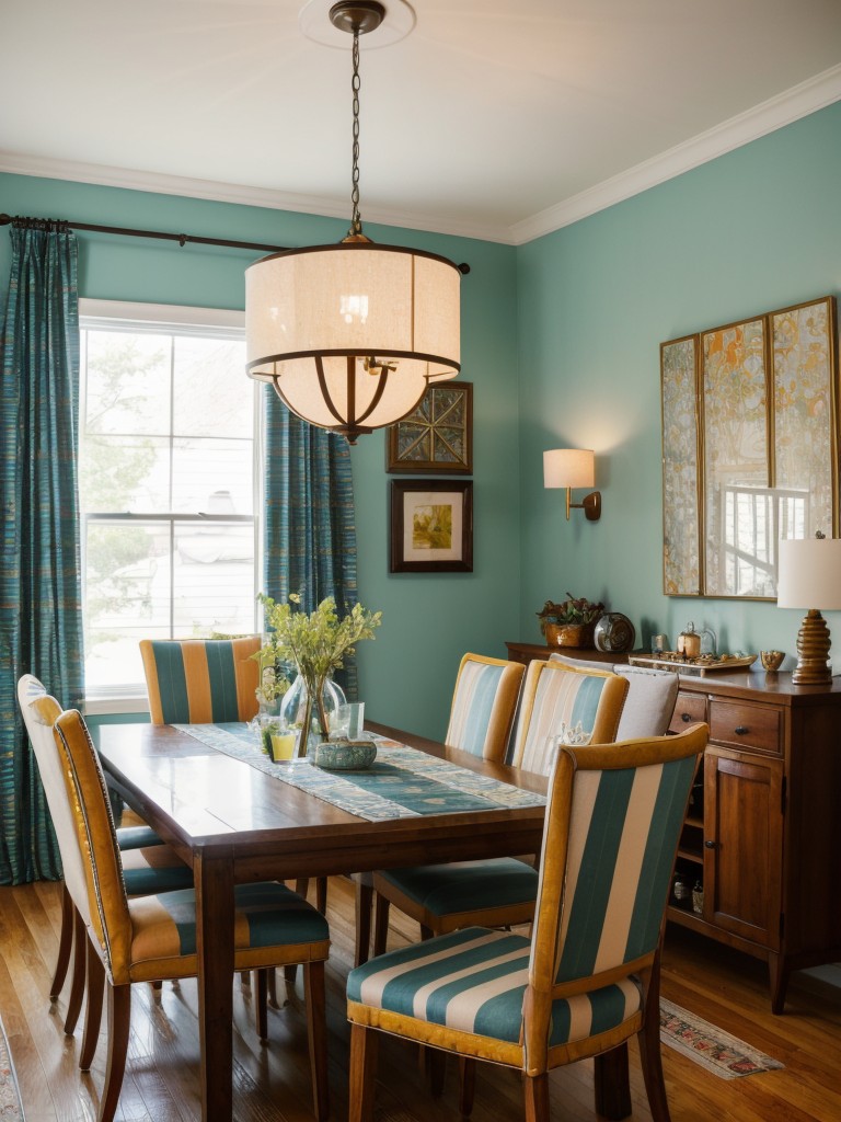 eclectic-dining-room-ideas-mix-different-styles-patterns-using-mismatched-chairs-vibrant-artwork-unique-light-fixtures