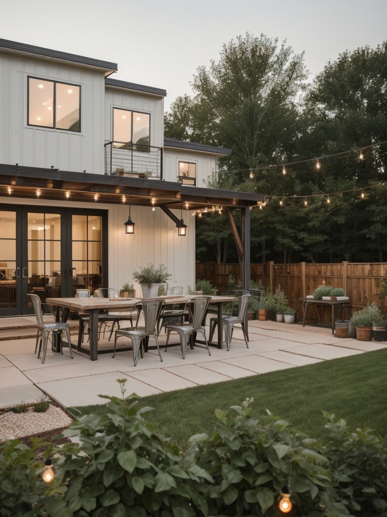 modern-farmhouse-backyard-ideas-combination-rustic-contemporary-elements-using-farmhouse-table-string-lights-galvanized-metal-planters