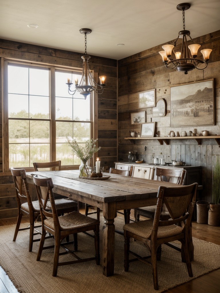 rustic-dining-room-ideas-cozy-atmosphere-wooden-furniture-vintage-decor-pieces-such-chandeliers-wall-art