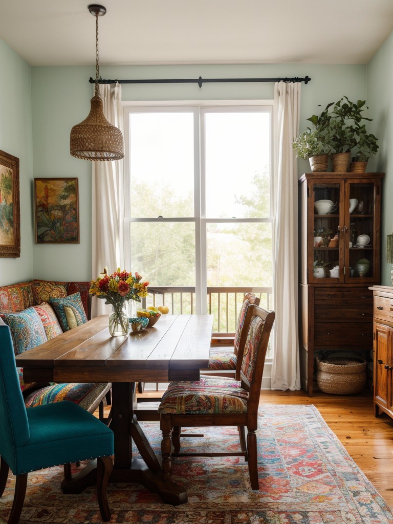 bohemian-dining-room-decor-vibrant-colors-patterned-textiles-eclectic-furniture-pieces-creating-relaxed-inviting-atmosphere