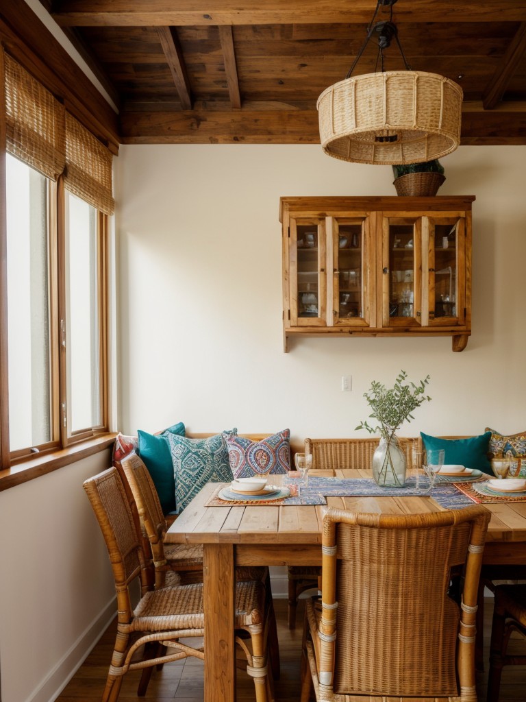 bohemian-dining-room-ideas-featuring-eclectic-decor-vibrant-colors-mix-patterns-focus-natural-materials-like-rattan-wood