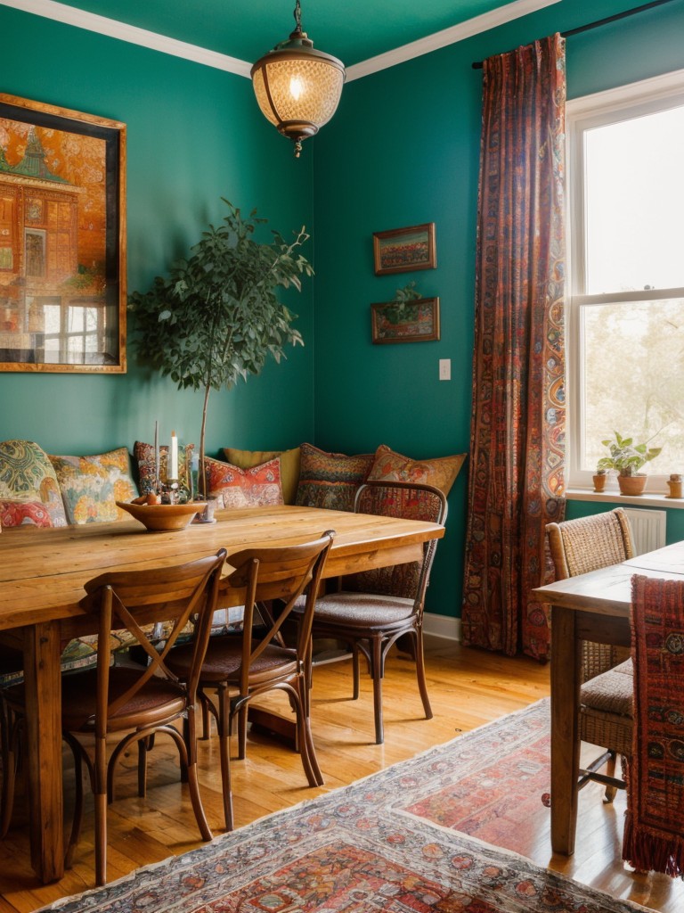 bohemian-dining-room-ideas-highlighting-eclectic-patterns-vibrant-colors-cozy-atmosphere