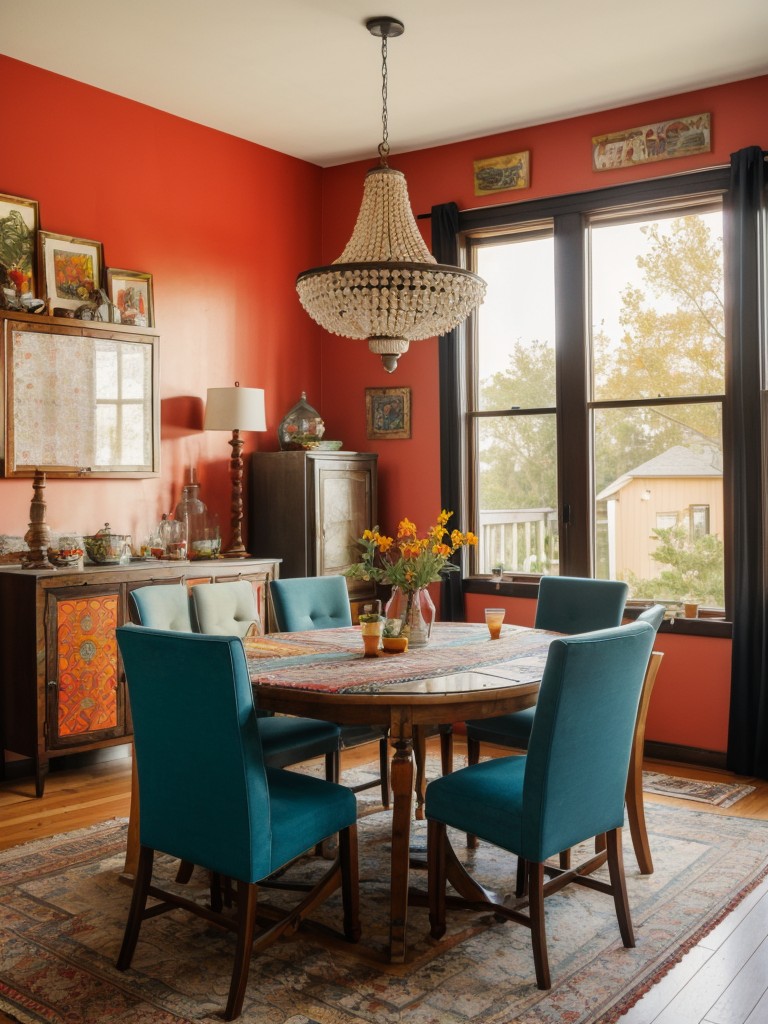 bohemian-dining-room-ideas-vibrant-colors-eclectic-patterns-mix-match-furniture